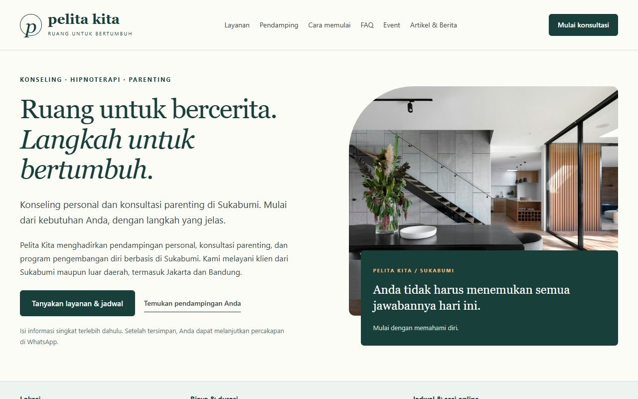 Preview website Pelita Kita dengan layanan konseling, hipnoterapi, dan parenting